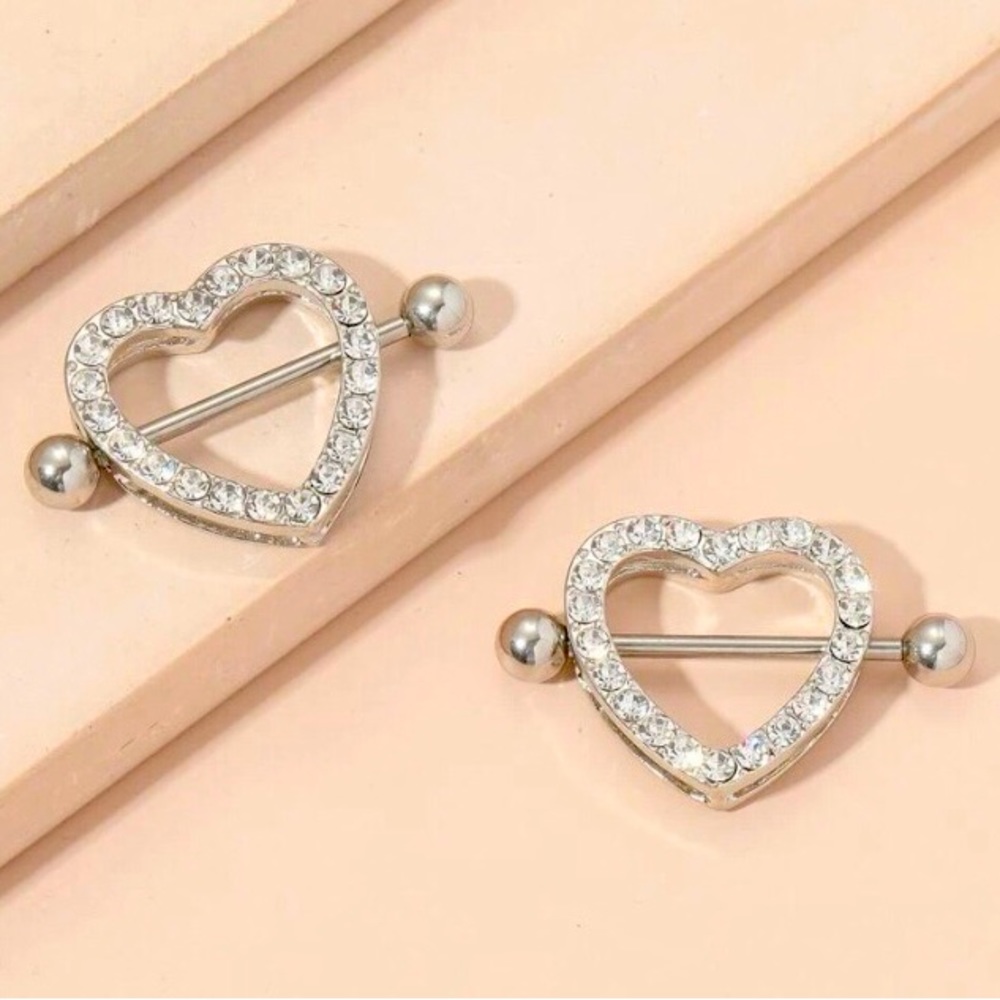 Nipple Rings 2 Piece Set 14g  Rhinestone Hearts Stainless Steel NWT